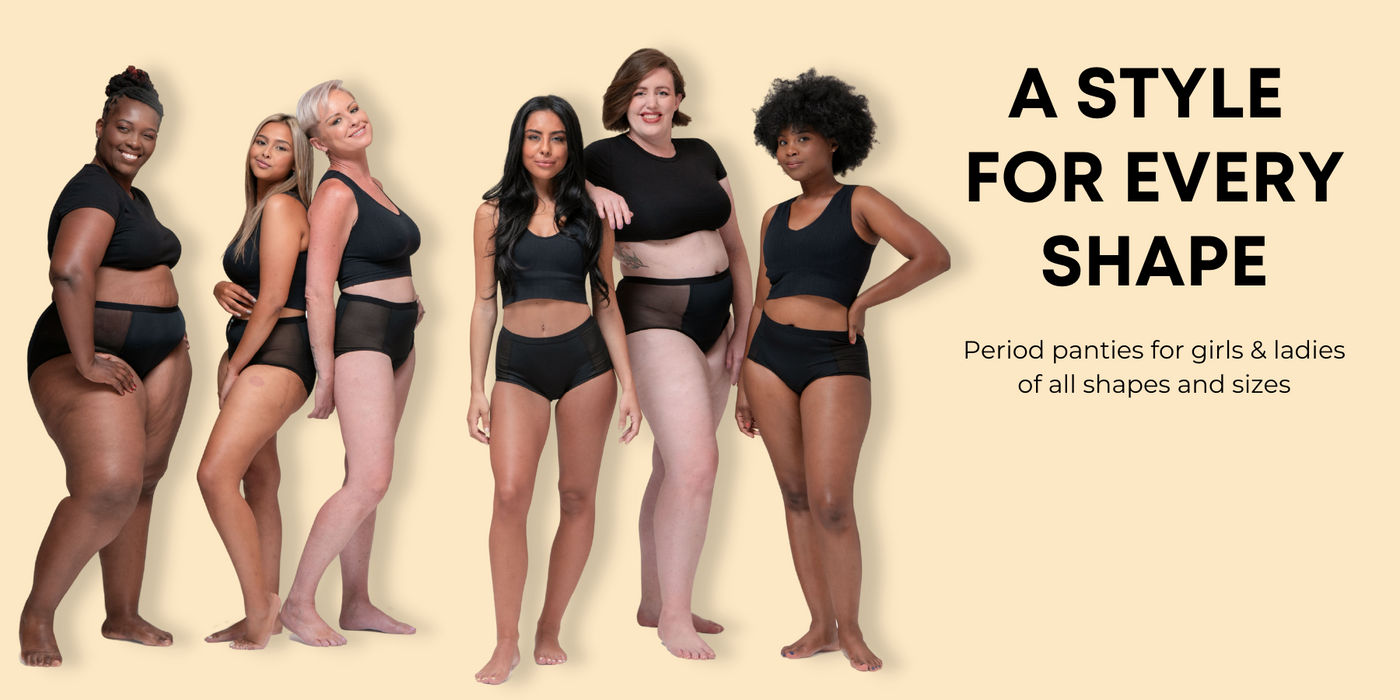 Blushproof period panties range in sizing from Tweens, aged ten to thirteen, to sizing for teens and adults from extra small to two times extra large.